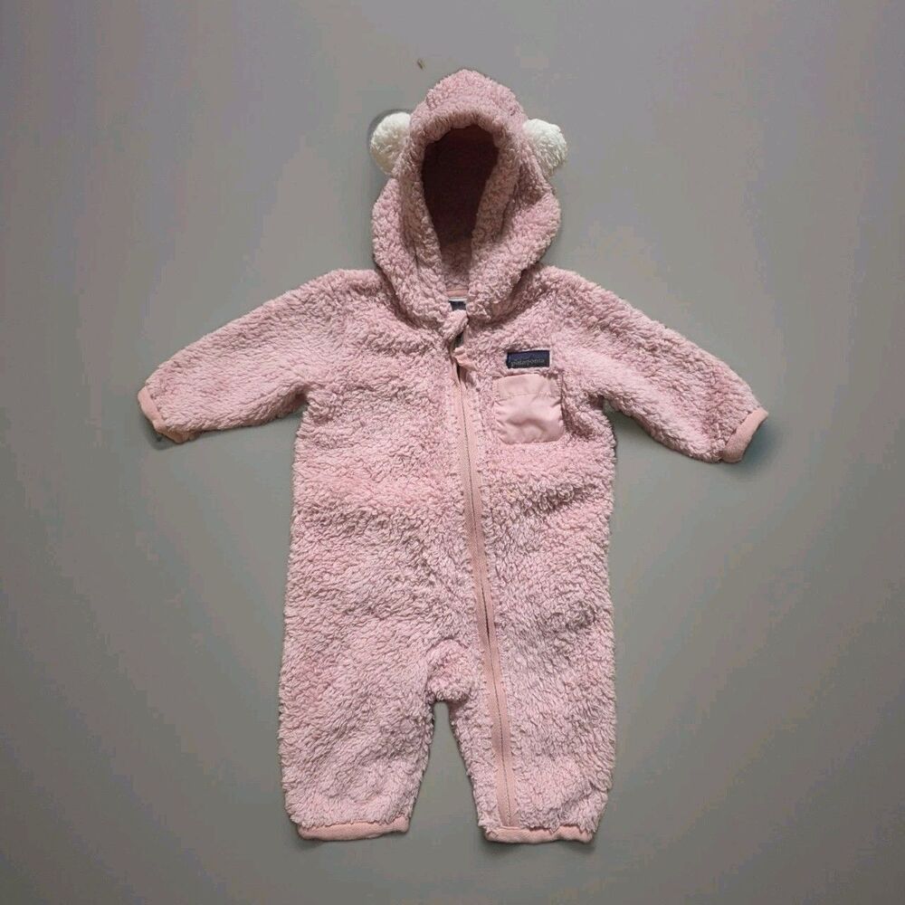 Patagonia Snowsuit Girls 0-3 Months Pink Hooded Fleece Baby Bear One Piece